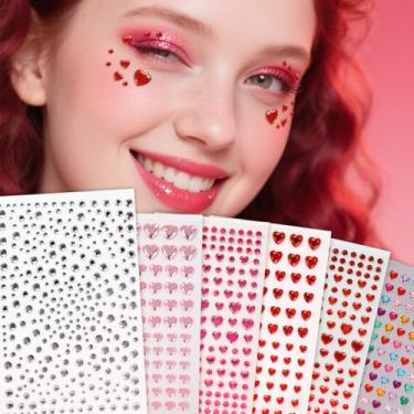 Imagem de 6 peças, coração multicolorido, redondo, minimalista, decoração de rosto 3D, presente de diamante, presente de dia dos namorados, baile de máscaras para olhos de cabelo, tatuagem temporária com