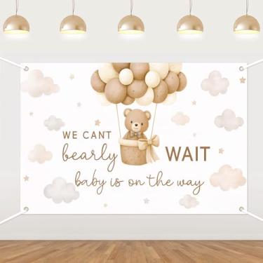 Imagem de Fundo de chá de bebê de urso marrom, faixa We Can Bearly Wait para meninas e meninos, lindos balões de desenho animado para festa de chá de bebê, fundos de fotografia de urso, adereços de decoração de
