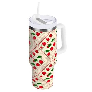 Imagem de SEHANY Copo de cereja fofo de 850 g com alça, copo isolado a vácuo de aço inoxidável de parede dupla, caneca de café à prova de vazamento, copo de viagem isolado cabe no suporte de copo de carro