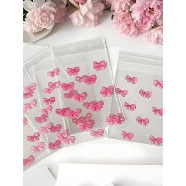 Imagem de 100 sacos autovedantes, saco de embrulho de presente com padrão de flores de desenho animado, saco de plástico de desenho animado, sacos de embalagem de presente rosa, bolsas de exibição transparentes