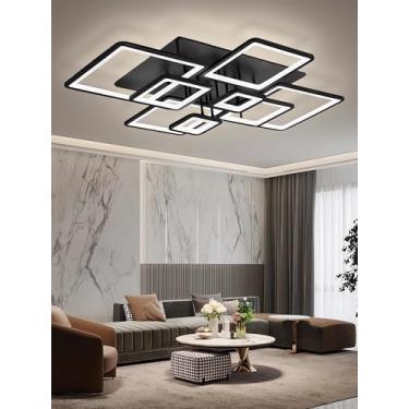 Imagem de Luminária de teto LED preta com design criativo de moldura quadrada, moderna e regulável com controle remoto, ideal para sala de estar, quarto, corredor e sala de jantar (8 lâmpadas).
