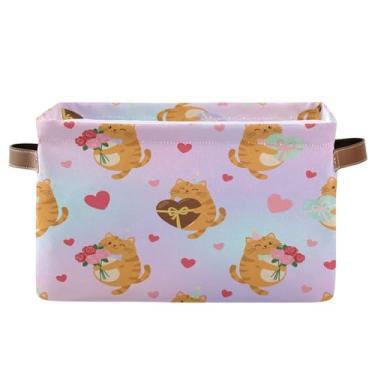 Imagem de Wassud Caixa de armazenamento de lona romântica de corações de gatos com alças, cestas organizadoras dobráveis para armário, banheiro e decoração de casa, 1 pacote