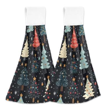 Imagem de Blueangle 2 peças de toalhas de gravata penduradas com árvores de Natal de desenho animado toalha de mão toalha de mão absorvente de veludo coral macio pano para cozinha e banheiro (734)