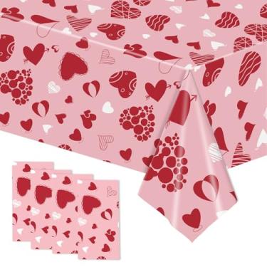 Imagem de Pyrrhiax Pacote com 4 toalhas de mesa para o Dia dos Namorados – Capa de mesa de plástico com coração vermelho 137 x 272 cm, decorações de festa descartáveis para jantares românticos, comemorações de