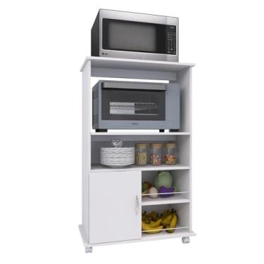 Imagem de Armário de Cozinha Multiuso com Rodízios, Branco Ou Preto, 4 Prateleiras, Porta Organizadora, Suporte para Micro-ondas ou Cafeteira (Branco)