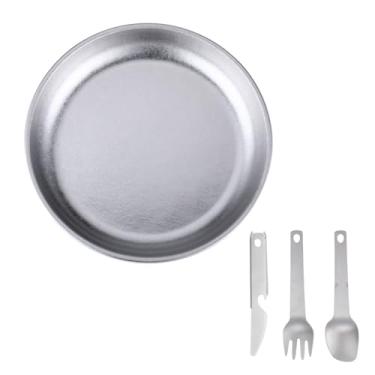 Imagem de CUOFYUNL Placa de acampamento com 3 peças de terno Prato de mesa integrado Pratos para churrasco Pratos de metal para acampamento Pratos de salada Conjunto de jantar ao ar livre (Cristal de Gelo)
