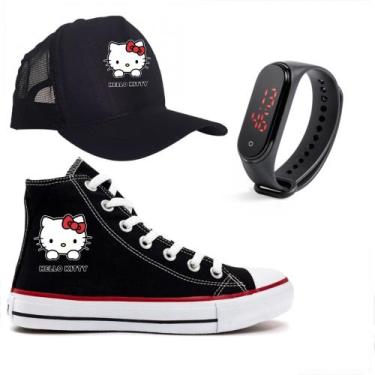 Imagem de Kit Tênis Relogio Infantil Boné Adulto Desenho Feminina Hello Kitty, P