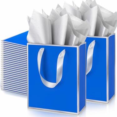 Imagem de Yeaqee Pacote com 50 sacos metálicos para presente com alça e lenço de papel, bolsa de agradecimento para Dia dos Namorados, casamento, 5 padrinhos, presentes de 5 sentidos, lembrancinhas de festa de