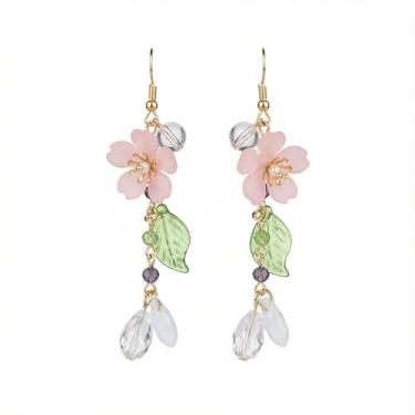 Imagem de ZJO Brincos femininos de flor rosa com pingente de flor de cerejeira fofa declaração de design de flor de cerejeira japonesa Sakura estética primavera verão presente de casamento