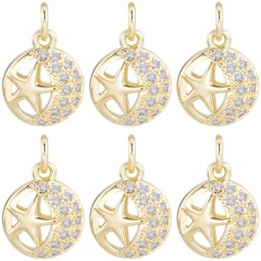 Imagem de Beebeecraft 1 caixa, 10 peças, berloques de zircônia cúbica, latão banhado a ouro 18 K, plano, redondo, com pingentes de estrela e lua para brincos, colar, pulseira, fabricação de joias