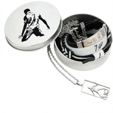 Imagem de Yorminy Conjunto de coisas Ronaldo, pulseira preta e branca emblemática, pulseira trançada à mão, coleção C-ristiano-Ronaldo Jersey nº 7, caixa de presente de metal, Classic, Silicone, Sem Pedra
