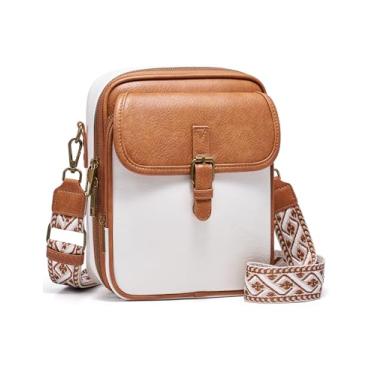 Imagem de Bolsa tiracolo para mulheres e homens, bolsa carteiro antifurto de couro vegano, bolsa transversal vintage com compartimentos para cartões, Alça branca marrom larga C, Large, Vintage