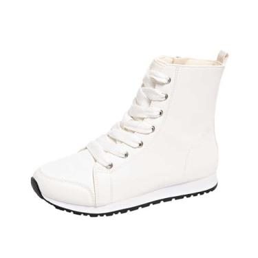 Imagem de Botas femininas modernas, casuais, estilo britânico, cano baixo, zíper lateral, cadarço e bico redondo, Branco, 34