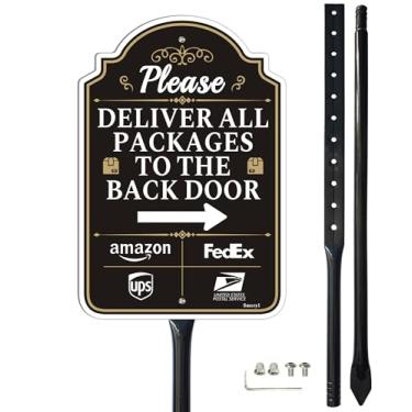 Imagem de Smeryl Entregue todos os pacotes na placa da porta traseira com seta para a direita, placas de entrega de 30,5 x 20,3 cm para pacotes com estaca de 88 cm para gramado, alumínio sem ferrugem, à prova