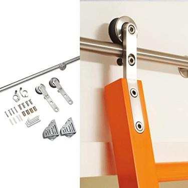 Imagem de U5GAAALPPQ9 Conjunto completo de ferragens para porta de celeiro deslizante de aço inoxidável de 2 m (Sem escada) para casa/interior/loft, trilho de escada móvel de tubo redondo com rodas de rolo de