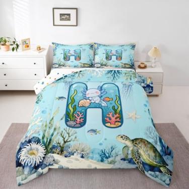 Imagem de Erosebridal Jogo de cama com estampa de axolote azul fofo com letra Axolotl para crianças, meninos, meninas, personalizado, com inicial H, mundo subaquático, animal, edredom