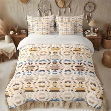 Imagem de Feelyou Jogo de cama com edredom do sudoeste, tamanho queen, geométrico, para crianças, meninos, meninas, tribal em uma bolsa, decoração de quarto asteca do sudoeste, marrom, amarelo e azul