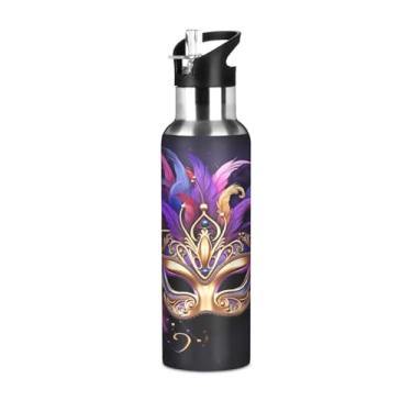 Imagem de Wassud Garrafa de água Carnaval Máscara de baile de máscaras de aço inoxidável garrafa de água esportiva com canudo garrafas de água isoladas copo portátil de viagem 947 ml
