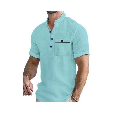 Imagem de Camisa Masculina De Algodão Respirável, Cor Sólida, Design Com Bolso, 
