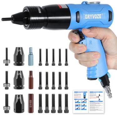 Imagem de GRYVOZE Pistola de porca de rebite pneumática com cabeça de travamento automático 1/4, 5/16, 3/8 mandris, ferramenta de porca de rebite de ar resistente