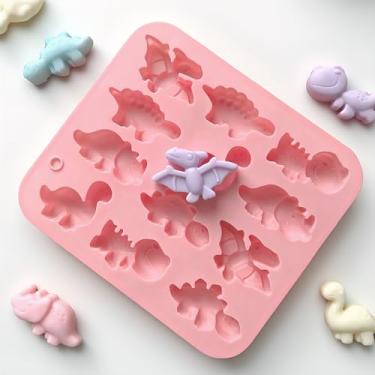 Imagem de Conjunto divertido de molde de cozimento de dinossauro com cavidades 8/12 para bolos faça você mesmo, chocolate, sobremesas, doces e projetos criativos de pastelaria (Rosa-12)