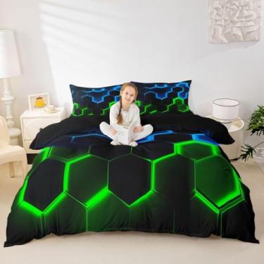 Imagem de Castle Fairy Capa de edredom geométrico, colmeia tamanho casal, hexágono, verde neon, azul, para crianças, meninos, adolescentes, chique, criativo, conjunto de cama para casa, 3 peças, capas de colcha