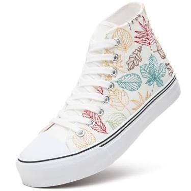 Imagem de ZGR Tênis Feminino De Cano Alto Lona, Preto E Branco, Com Bordados, Casual Da Moda Para Caminhada (Bordado Bordo, Tamanho Us10.5)
