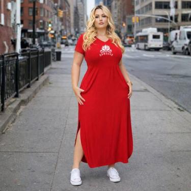 Imagem de Vestido Plus Size Longo Com Fenda Em Viscolycra Com Elasticidade Decot