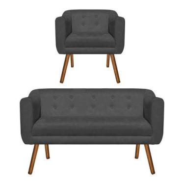Imagem de Kit Sofá Retrô Namoradeira 2 Lugares e Poltrona Decorativa Julia Suede