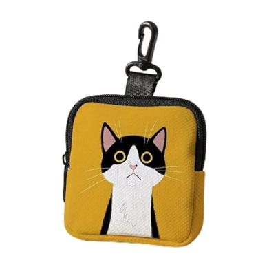 Imagem de Bolsa feminina amarela com estampa de gatinho – bolsa pequena de poliuretano com zíper e gancho para chaveiro, mini carteira com estampa de gato fofo para dinheiro, moedas e fones de ouvido