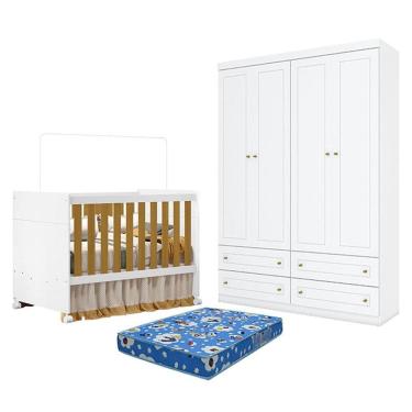 Imagem de Berço Americano Katatau Branco Acetinado Savana - Reller e Guarda Roupa Infantil Americano 4 Portas Branco HP e Colchão Ortobom - Henn