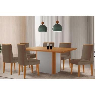 Imagem de Sala Jantar Mesa Pietá Tampo Curvo 180cm+6 Cadeiras Dakota Madeira Nat
