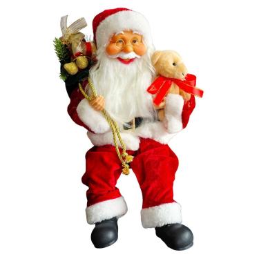 Imagem de Papai Noel Decorativo Sentado Veludo Vermelho Ursinho 45cm para Decoração de Natal com...