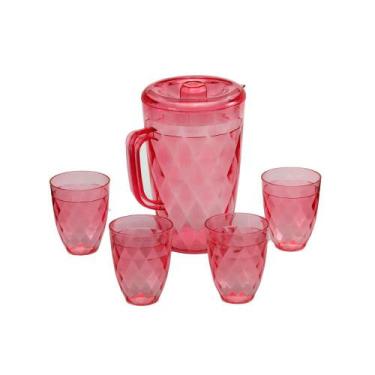 Imagem de Jarra Acrílico com Tampa 4 Copos Rosa Agua Suco 1250ml - Prana