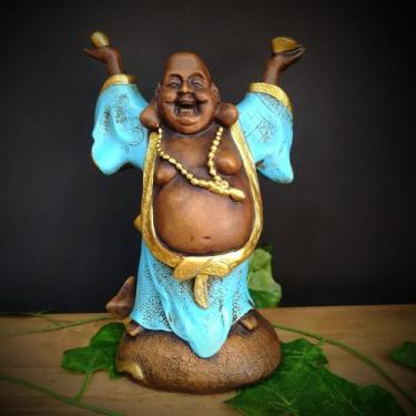 Imagem de Buda com as mãos pra cima envelhecido com azul 24cm - CASA FÉ