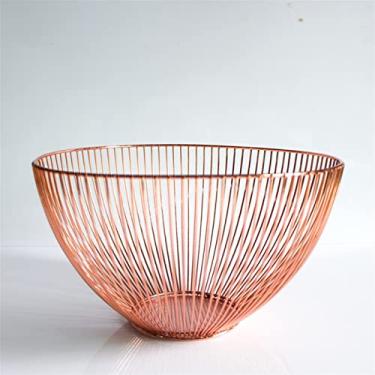 Imagem de GUIPAIHAI Organizador de mesa de cesta de frutas estilo nórdico, cesta de metal vazada, tigela de armazenamento de cozinha, prato para petiscos de pão (cor: ouro rosa)