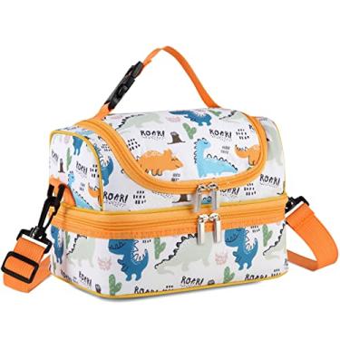 Imagem de Lancheira para Crianças, VASCHY Bolsa Térmica com Dois Compartimentos para Meninas/Meninos com Alça de Ombro para Escola, Creche, Jardim de Infância, Dinossauro amarelo