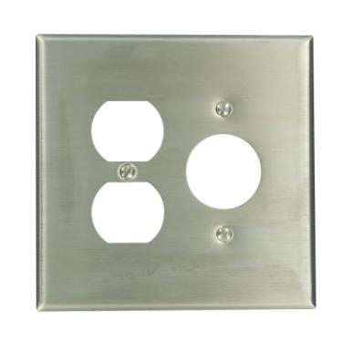 Imagem de Leviton 84146-40 2-Gang 1-duplex, 1-único, 3,5 cm de diâmetro, placa de parede de combinação de dispositivos, grande, montagem do dispositivo, aço inoxidável