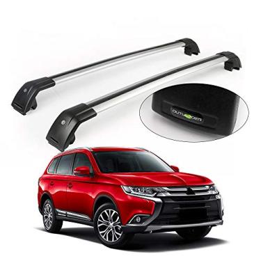 Imagem de 2 peças serve para Mitsubishi Outlander 2013-2021 barra transversal ajustável trilho de teto suporte de bagagem, barra de rack de teto com trava prata
