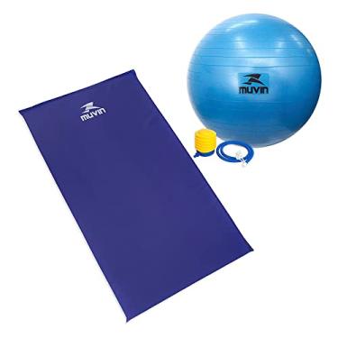 Imagem de Kit Pilates Muvin com Colchonete de Academia em Espuma de Alta Densidade D50 – 85cm x 50cm x 2cm - Impermeável + Bola de Pilates 65cm – Antiestouro – Suporta até 300kg – Com Bomba - Yoga (Azul)