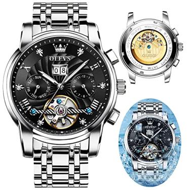 Imagem de OLEVS Relógio automático para homens, relógios masculinos com corda automática, Skeleton Tourbillon Luminoso Impermeável Relógios de pulso luxuosos, Mostrador preto em dois tons, round, Multiuso