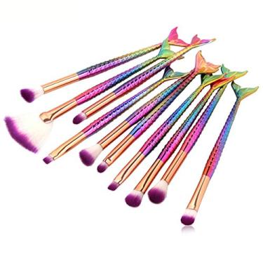 Imagem de Tenmon Conjunto de 10 pincéis de maquiagem de sereia, conjunto profissional de pincéis de maquiagem para sombra, com pelos sintéticos macios para sombra, corretivo, delineador, mistura de sobrancelhas, pincel marca-texto