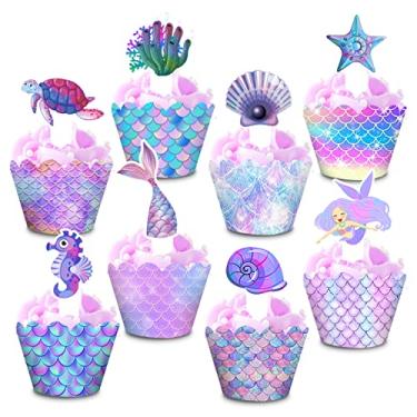 Imagem de 48 peças de enfeites de cupcake de sereia oceano para decoração de bolo de festa sob o mar festa chá de bebê lembrancinhas de festa decoração de bolo