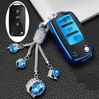 Imagem de YJADHU Capa protetora de chave de carro de couro TPU capa de chave de carro, apto para PoloTiguan Passat B5 B6 B7 Golf Eos Scirocco Jetta MK6 Octavia, azul, B