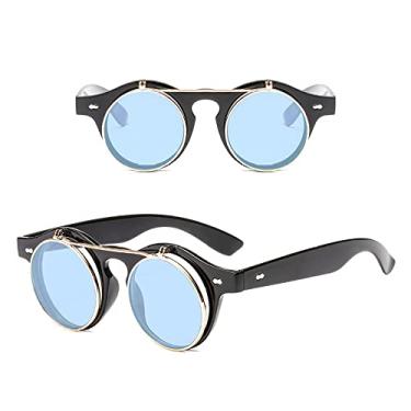 Imagem de Óculos de sol redondos Steampunk femininos masculinos com lente flip vintage designer retrô feminino óculos de sol UV400,5, tamanho único