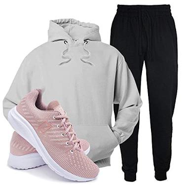 Imagem de Conjunto Blusa e Calça Moletom + Tenis Academia Casual Conforto - Cinza/Rosa - GG/36