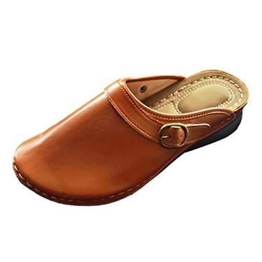 Imagem de Sandálias femininas de lona de bico redondo para o verão lisas chinelos casuais confortáveis sapatos de praia sandálias chinelos mule, Marrom, 9