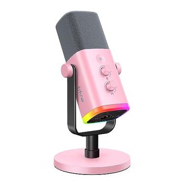Imagem de FIFINE Microfone XLR/USB, microfone de PC para gravação jogos com conector para fones ouvido, botão de mudo, microfone dinâmico RGB para computador,streaming mic para podcasting, YouTube - AM8 Pink