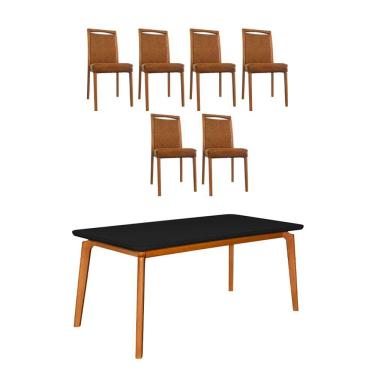 Imagem de Mesa Jantar Luxo Jade 160x90cm Preto com 6 Cadeiras Estofadas Couro Pu Caramelo Base Madeira Maciça 