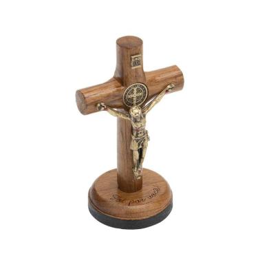 Imagem de Crucifixo de Mesa Cilíndrico com São Bento 7cm - "Foi por você!"
